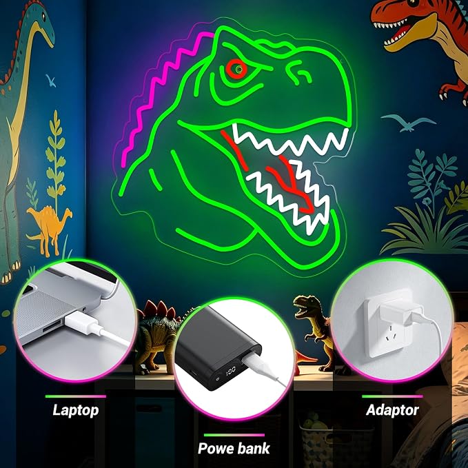 Dinosaur Neon Sign Lights for Wall Decor, T-REX LED Sign for Room and Man Cave Decor, Dimmable Powered LED Signs for Bedroom, Man Cave Party, Birthday Christmas Gift (T-REX Green) - Image 4