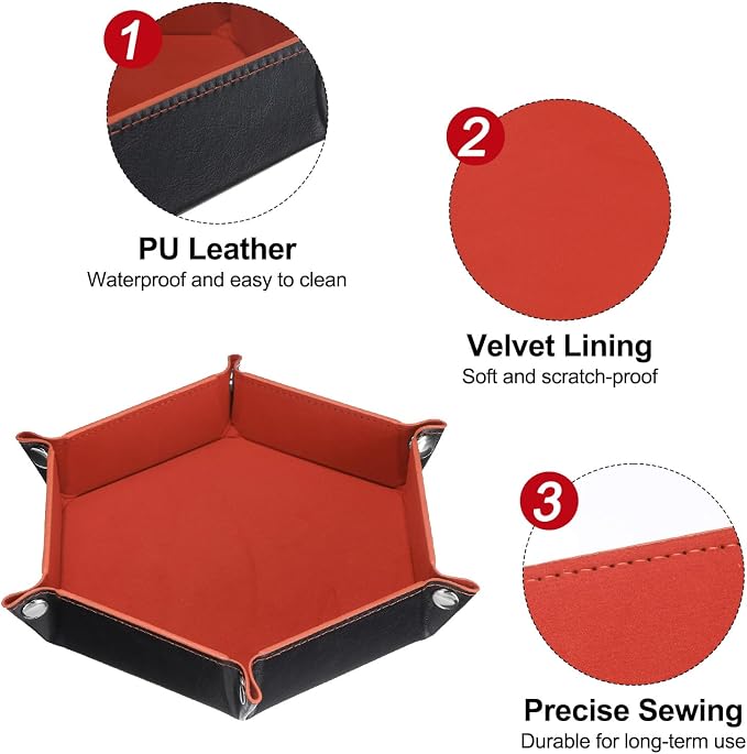 HARFINGTON PU Leather Dice Tray Unisex Valet Tray Folding Hexagon Tray Portable Entryway Table Nightstand Bedside Desk Holder for Key Wallet Watch Coin Jewelry, Orange - Image 4