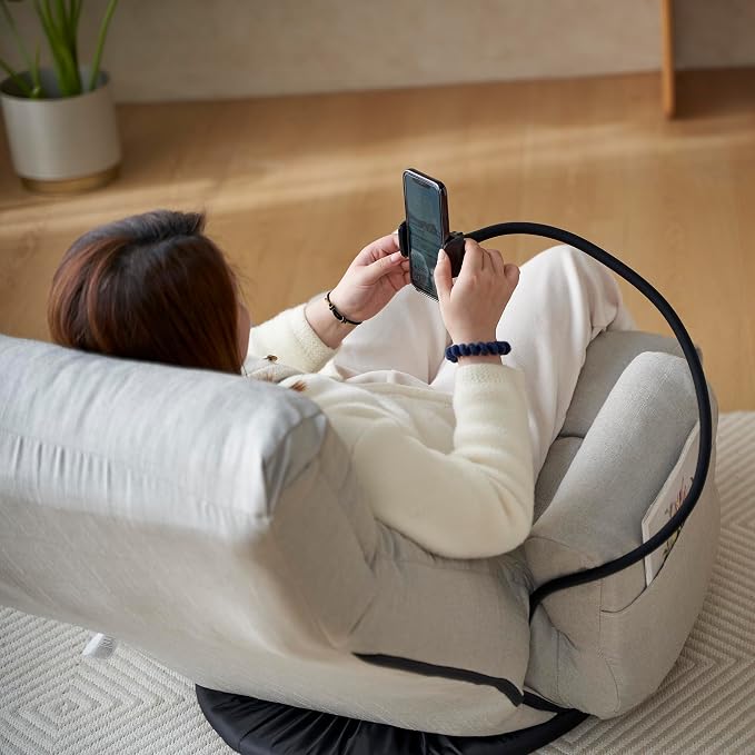 360° Swivel Gaming Floor Chair, 5 Position Adjustable Folding Sofa Chair with Armrests & Phone Holder, Cushion Padded Indoor Chaise Lounge for Adults, Home Office Floor Leisure Chairs, Grey - Image 7