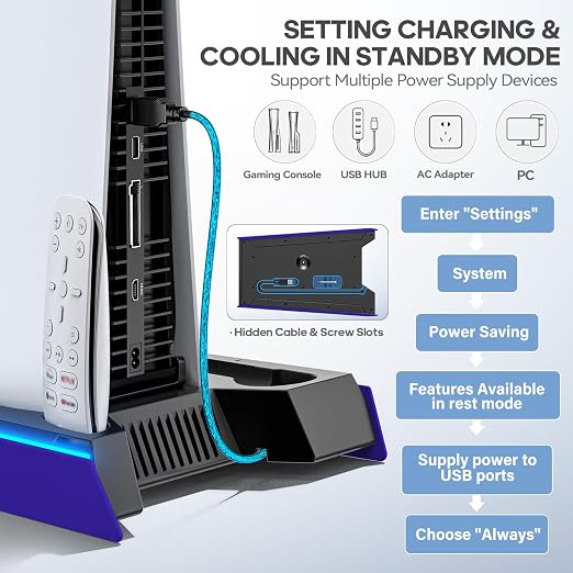 Rysker P-5/Slim/Pro Stand and Cooling Station with LED Controller Charging Station, P-5 Controller Charger, P-5/Slim/Pro Accessories Kit with 3 Level Cooling Fan for PlayStation 5 Case - Image 6