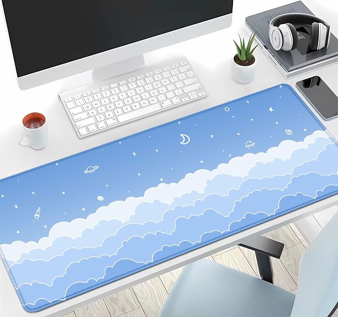 IMAYONDIA Cute Pastel Blue Desk Mat, Aesthetic Stars Moon Desk Pad, Kawaii Anime Deskmat, Gradient White Clouds Computer Pad, Minimalist Large Gaming Mouse Pad Mousepad, 31.5 X 11.8 Inch - Image 6