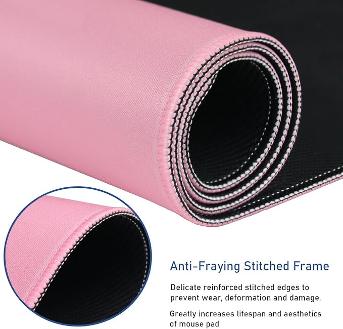 Large Mouse Pad with Stitched Edges, Durable Non-Slip Natural Rubber Base, Waterproof Computer Keyboard Pad Mat for Esports Pros/Gamer/Desktop/Office/Home - Pink - Image 2