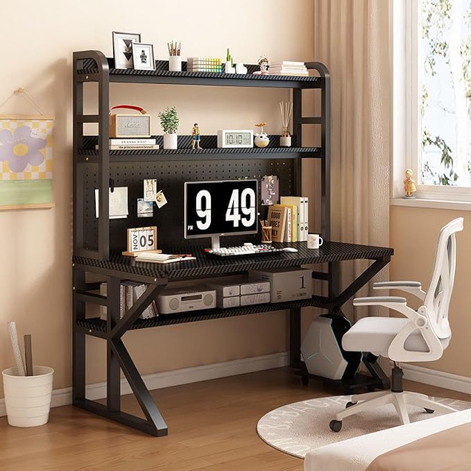 Multi-Functional Gaming Desk with Pegboard, Large Computer Desk with Storage Shelves Home Office Desk Study Writing Workstation(80x60x171cm, Carbon Fiber) by Unknown