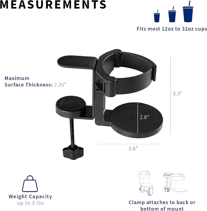 VIVO Clamp-on Desk and Bed Cup Holder, No Spill Adjustable Drink Mount, Support for Hydro Flasks, Coffee Mugs, Easy to Install, Horizontal or Vertical Surface Mounting, Black, Mount-CUP1 - Image 3
