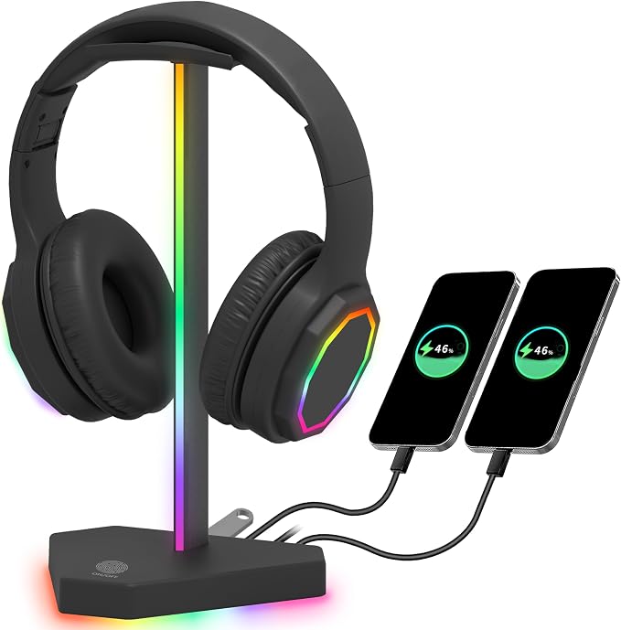RGB Headphones Stand with 1 USB-C Data Transmission& 3 Type-C Charging Port, Desk Gaming Headset Holder with 7 Light Modes and Non-Slip Rubber Base (Black) by charlxee