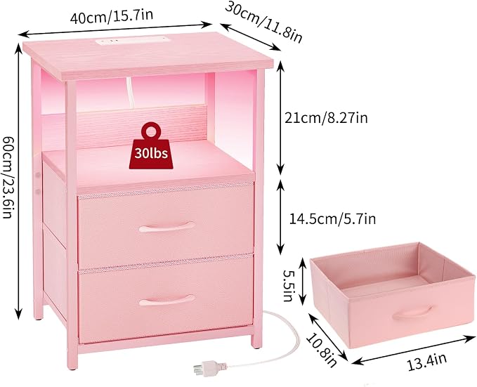 Fixwal Night Stand with Charging Station, Led Nightstand, Pink, 2 Drawers - Image 2