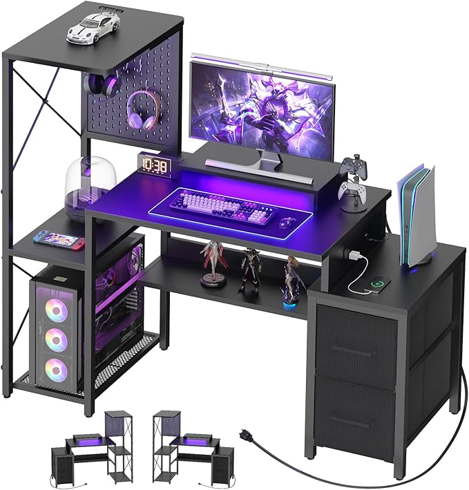 Small Gaming Desk with 2 Fabric Drawers - Reversible Computer Desk with Power Outlet & LED Lights, 49" Office Desk with Monitor Stand & Storage Shelves, Writing Study Table with Pegboard, Black by Besiost