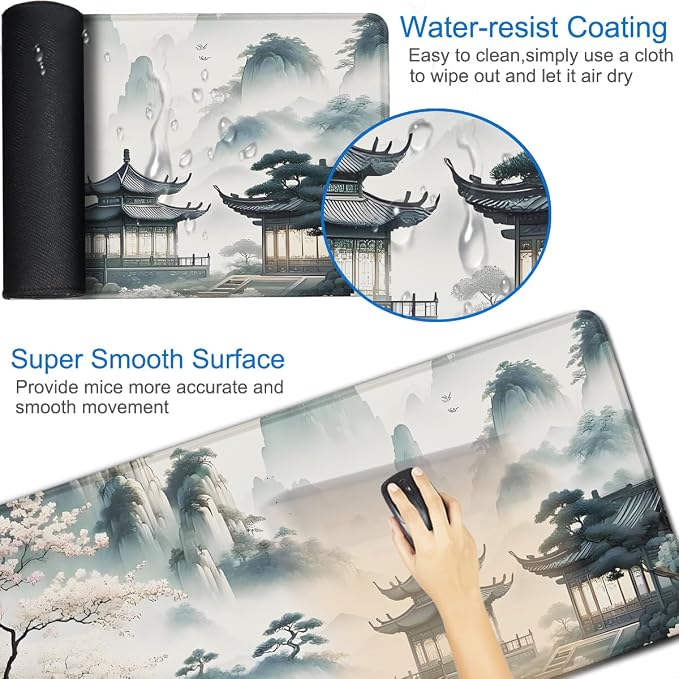 Large Gaming Mouse Pad, 31.5x15.7 inch Large Extended Computer Keyboard Mouse Mat, Water Resist Non-Slip Mousepad Rubber Base Long XXL Mouse Pad for Work & Gaming, Office & Home, Sakura Ancient City - Image 3