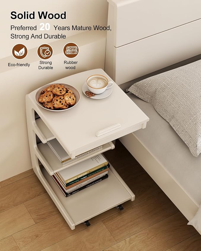 AQIMUELE Wooden C-Shaped End Table,Couch Desk with 2 Lockable Wheels,4-Tier Couch Table with Storage Bag,Small Rolling Side Table Tv Trays for Couch, Living Room,Bedroom (White) - Image 4