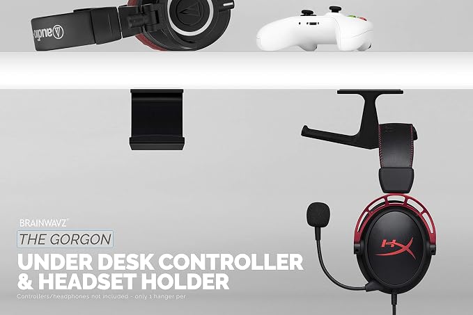 BRAINWAVZ The Gorgon - Under Desk Game Controller & Headphone Holder for XBOX, PS4, PS5, Series One, Steelseries, PC & Most Gamepads & Headsets, Screwless Hanger Stand, Black - Image 7