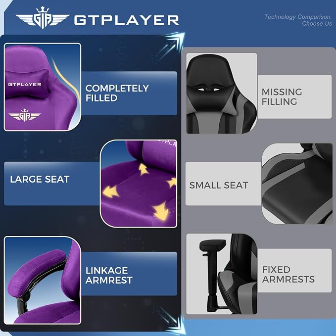 GTPLAYER Gaming Chair Fabric with Pocket Spring Cushion, High Back Ergonomic Computer Chair with Footrest for Adults Lumbar Support Swivel Game Chair for Office Gaming 350LBS, Dark Purple - Image 9