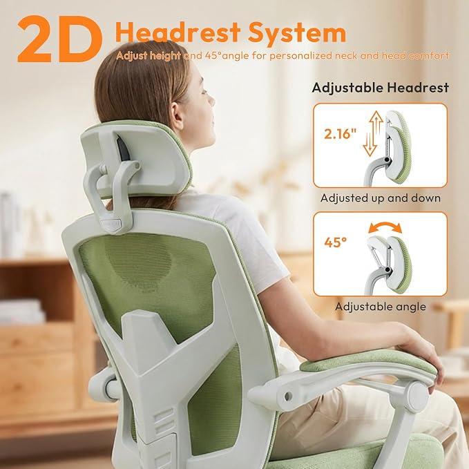 Home Office Desk Chair, Comfortable Mesh Chair with Foot Rest, Light Green | Reclining Gaming Chair with Headrest and Lumbar Support, 90°-130° Reclining, Silent Swivel - Image 5