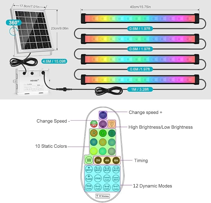 MEIKEE Solar RGBW LED Wall Washer Light 4 in 1, IP66 Waterproof Color Changing Solar Wall Strip Lights Bar with Remote, Flood Light for Outdoor Indoor Halloween Christmas Stage Lighting - Image 3