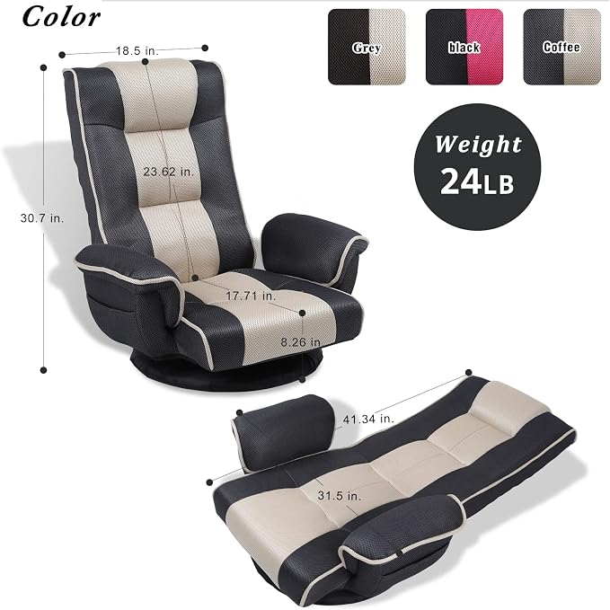 360° Swivel Floor Chair with Armrests, 14-Position Adjustable Floor Lounger for Adults, Foldable Reclining Chair for Living Room & Bedroom - Image 2