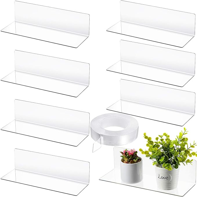 Jetec 8 Pieces Acrylic Floating Shelves, 12 Inch Acrylic Wall Mounted Hanging Shelf Bookshelf with 5 Meters Nano Double Sided Tape for Bedroom, Gaming Room, Living Room, Bathroom, Office(Clear) by Jetec