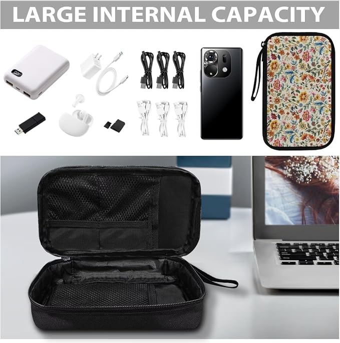 Bohemia Flower Print Electronics Organizer, Travel Cable Organizer bag, Portable Cord Storage/Charger Storage/Cable Storage, Compact Tech Bag & Charger Case - Image 7