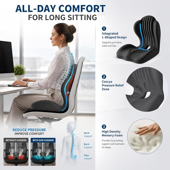 L-Shaped Ergonomic Seat Cushion with Lumbar Support for Office Chair Black | Memory Foam Orthopedic Cushion with Coccyx Hollow, Tailbone Pain Relief for Car, Truck, Gaming Chair, Travel - Image 4