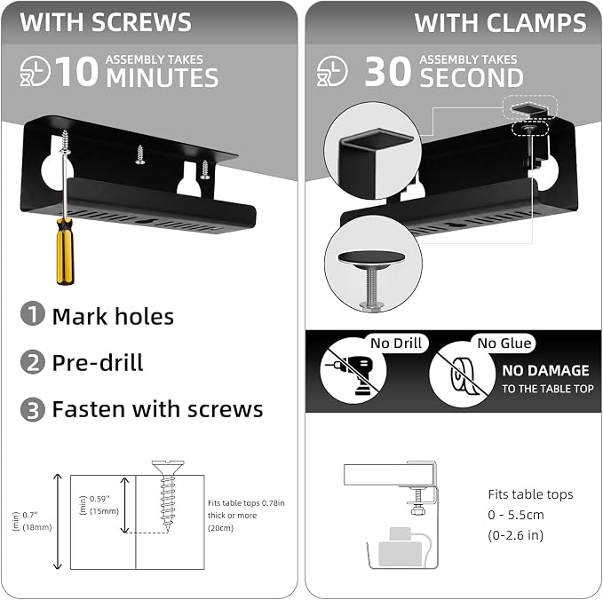 Under Desk Cable Management Tray No Drill, 17" Cable Organizer with Clamp - Image 7