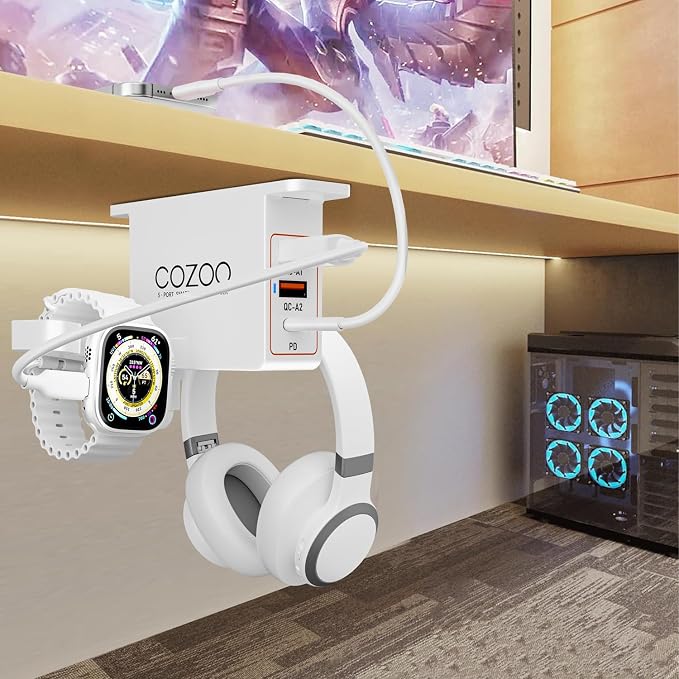 cozoo Desk Headphone Holder Hook Headset Watch Cable Bag Storage White | 2 USB-A & 1 Type-C Ports; Holds Headphones,Watches, Cables, Various Bags,Multifunctional Desk Storage Hook for Gaming Office - Image 3