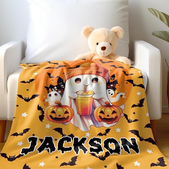 Ship Next Day, Custom Halloween Blanket - Printed in USA, Personalized Baby Blankets with Name, Gift for Kids Boys Girls, Unique Present for Birthday, Christmas, Halloween Bats Toddler Blanket - Image 2