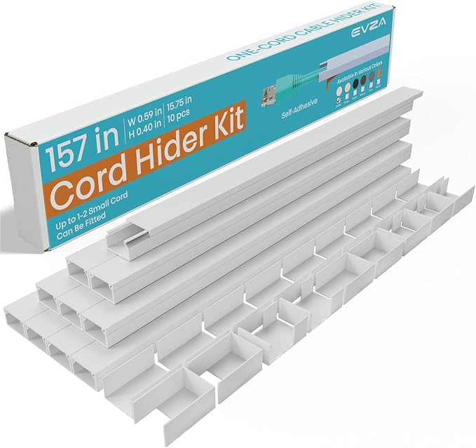EVZA 157in Cord Hider for 1-2 Wire, Self Adhesive One-Cord Channel Cable Concealer, Paintable Cable Covers for TV Cords on Wall, Cable Raceway Kit for Extension Cord, Ethernet Cables, Speaker Wires by EVZA