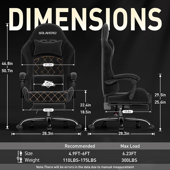 HLDIRECT Massage Recliner Gaming Chair with Footrest for Adults, Black | 300lbs Capacity, Ergonomic Office Computer Chair, Lumbar Support, Breathable Fabric, Headrest, 360° Swivel, Metal Frame - Image 3