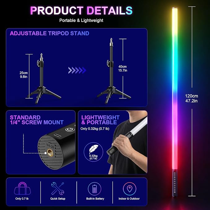 4 Pack RGB Tube Lights with Tripod Stand, 4FT LED Video Light Bar, Music Sync, 5200mAh Rechargeable Battery, App & Remote Control, Dimmable RGB Photography Lighting for Streaming, DJ, Party - Image 6