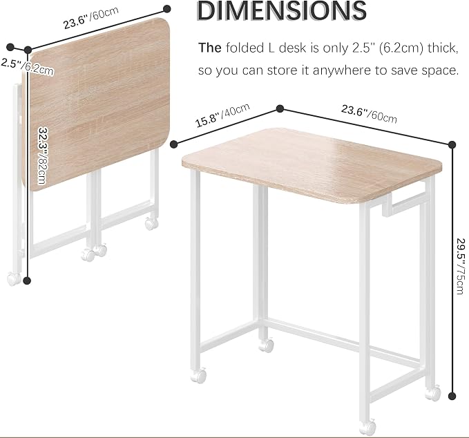 4NM 23.6" Mobile Small Rolling Computer Desk, Folding Laptop Cart Table with Wheels, Portable Office Desk for Small Space Couch Bed - Natural and White - Image 3