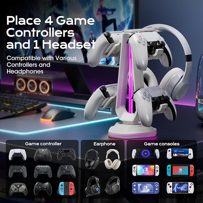 Saitake RGB Controller Stand with 9 Light Modes,Controller Holder with 2 USB Ports,Headset Stand for Desk-Headphone Holder Suitable for All Headphones and Controller (White) - Image 4
