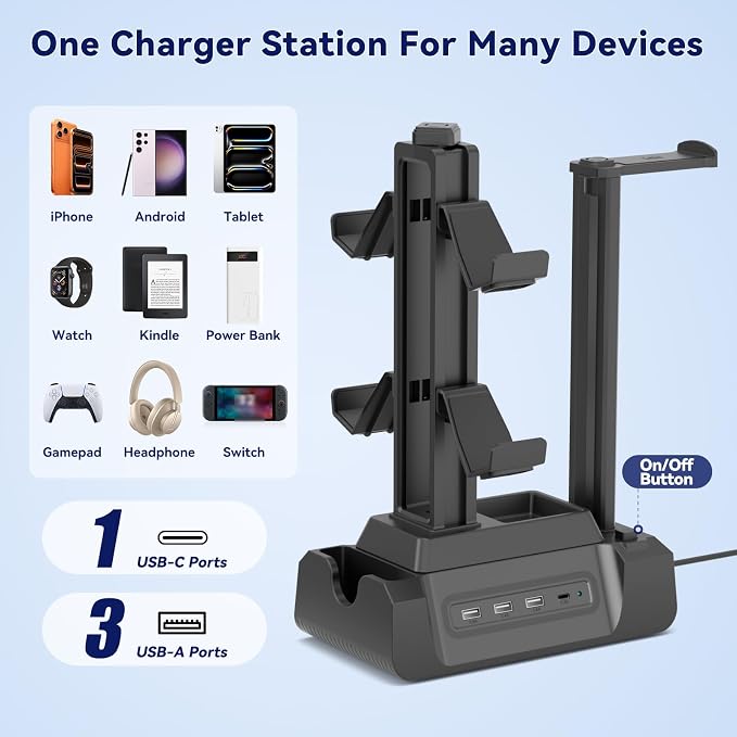 KDD Charging Station for Multiple Devices - 4 Ports Charging Dock with Controller and Headset Stand - 3 USB A & 1 USB C for Cellphone Tablet and Other Electronic - Multi Storage for Gaming Accessories - Image 2