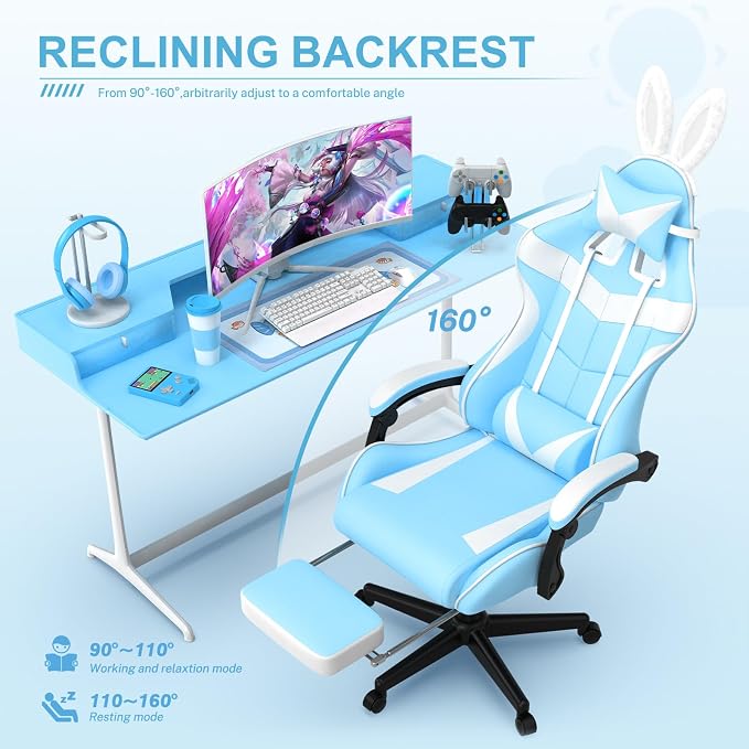 Soontrans Light Blue Gaming Chair with Footrest,Lovely Cute Bunny Computer Gamer Chair,Kawaii Desk Chair for Granddaughter,Sister,Girlfriend,Wife and Love - Image 6