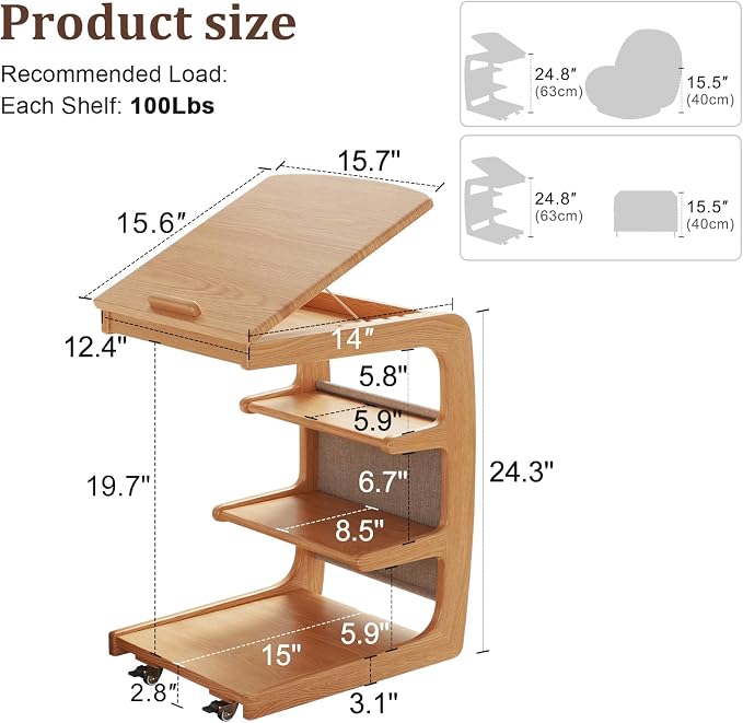 AQIMUELE Wooden C-Shaped End Table,Couch Desk with 2 Lockable Wheels,4-Tier Couch Table with Storage Bag,Small Rolling Side Table Tv Trays for Couch, Living Room,Bedroom (Natural) - Image 6
