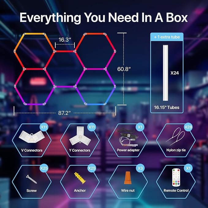 HYPERLITE Hexagon Garage Lights: Gen-IV 5 Grid RGB Hexagon LED Lights with Music Sync Mode, App & Remote Control, Multi-Color Honeycomb Light for Gaming Room, Gym, Garage - Image 7