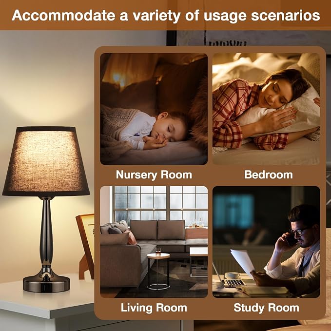 Kakanuo Touch Bedside Lamp for Bedroom with USB C Port, Small Touch Table Lamp with 2 USB Charging Ports, 3 Way Dimmable Nightstand Lamp for Living Room and Office - Black (LED Bulb Included) - Image 5
