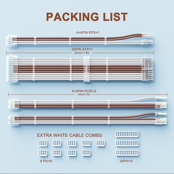 Sirlyr PSU Cable Extension,Customed Pre-Bend PC Power Supply Cable,1x 24 Pin ATX / 1x 8 (4+4) Pin EPS/Longer 2X 8 (6+2) Gold-Plated Pin Pcie,Nylon Sleeved Brown Beige,4 Kits - Image 8