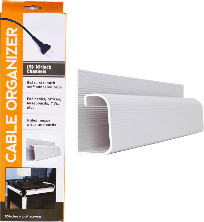 Simple Cord 5 Pack of 16-Inch J Channel Cable Management Under Desk - Easy to Install Adhesive Mount Cord Organizer for Desk, Home Office, No-Drill Wall Cable Organizer (White) by SimpleCord