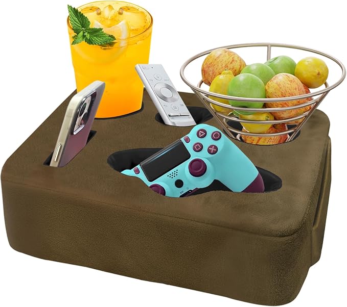 Couch Bed Cup Holder Pillow, Nisdoing 5 Hole Couch Drink Holder! Keep Drinks Hand Side and KeepTemp, Prevent Spills and Use Anywhere.Cup Holder for Couch, Bed,Camping,RV,Car,Beach.Brown by NISDOING