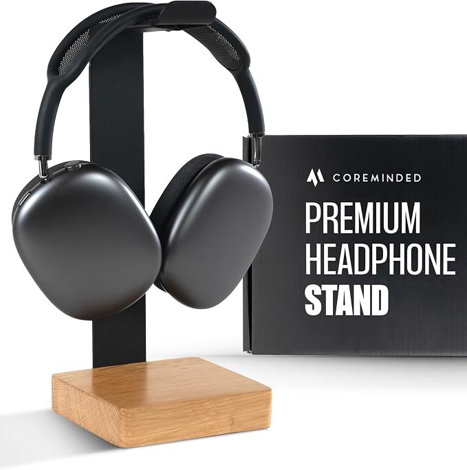 COREMINDED Universal Headphone Stand for Desk, Oak Wood Headset Holder | Fits All Headphones incl AirPods Max, Heavy Duty Solid Wood, Sturdy & Stable, Gaming Headset Organizer, Gift Ready Box by COREMINDED