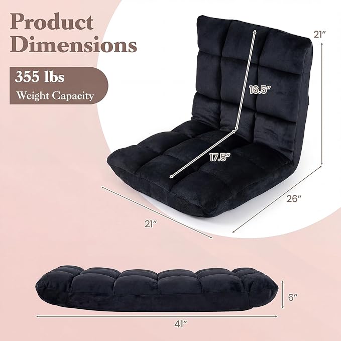 Giantex Folding Floor Chair with Back Support, 14 Adjustable Position, Padded Sleeper Bed, Couch Recliner, Floor Gaming Chair for Adults Meditation Living Room Bedroom, Black - Image 3