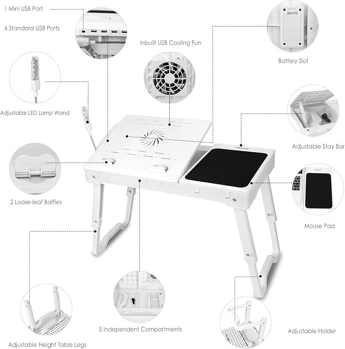 TeqHome Laptop Table for Bed, Adjustable Laptop Bed Desk with Fan, 4 USB Ports, Portable Lap Desk with Foldable Legs, Laptops Stand for Couch Sofa Bed Tray with LED Light, Storage, Mouse Pad - White - Image 7