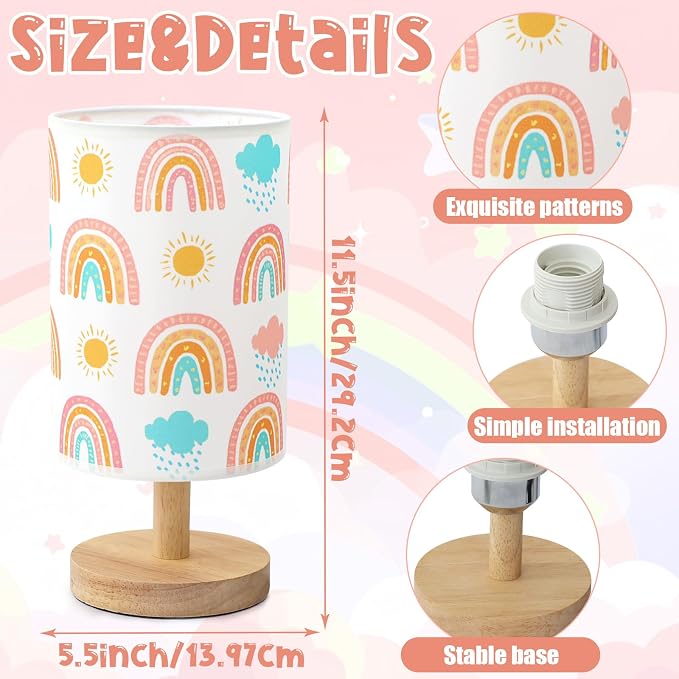 Rainbow Table Lamp for Kids Bedroom - Boho Rainbow Kids Bedside Lamp with Linen Wooden Nightstand Cartoon Nursery Lampshade for Girls Room Decor - Image 2