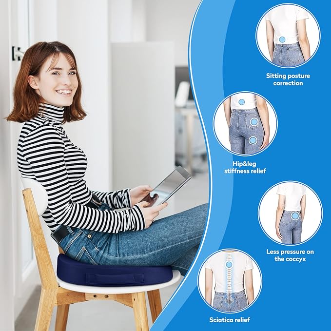 CushZone XL Memory Foam Seat Cushion for Office, Car & Wheelchair, Blue | U-shaped Coccyx Cutout, Contoured Design, Breathable Removable Mesh Cover, Non-Slip Base, Carry Handle - Image 8