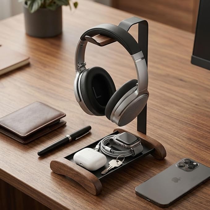 Headphone Stand for Desk with Storage Tray, Walnut Wood Headset Holder and Desktop Organizer for Headphones, Keys, Watches & Accessories, Home Office and Gaming Setup - Image 6