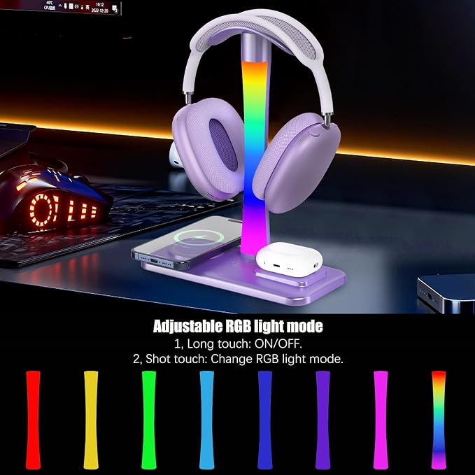 Headphone Stand with Wireless Charger,Gaming Headset stand with RGB Light,For Airpod Max Stand Compatible with Airpod Pro/3/2,For iPhone 17/16/15/14/13/12/11,Gifts for Gamers & Music Lover (Purple) - Image 4