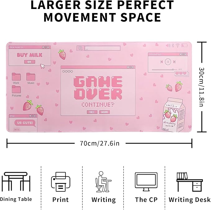 Pink Gaming Mouse Pad 27.6x11.8 Inch Pastel Game Over Large Mousepad Kawaii Office Decor for Women Non-Slip Rubber Base Stitched Edges Keyboard Mouse Mat Desk Pad for Office Home and Game - Image 2