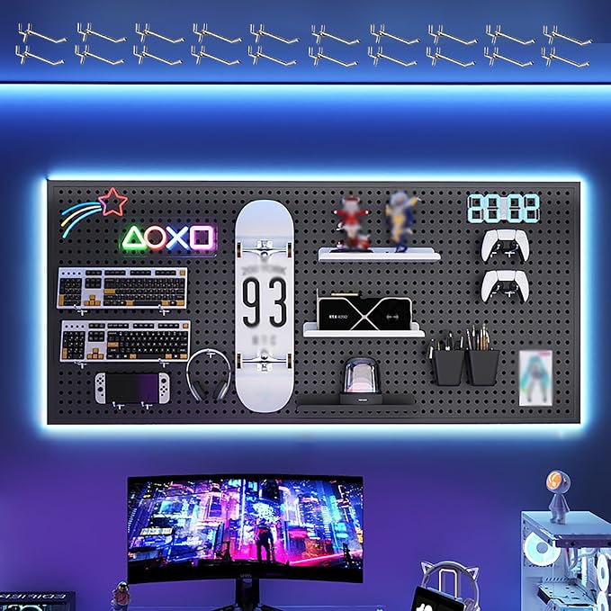 Desk Pegboard Metal Gaming Pegboard Black Peg Board Organizer with 20 Pcs Hooks for Office, Garage Tools, Kitchen, Craft(120x60cm/47x24in) by XRRJFYH