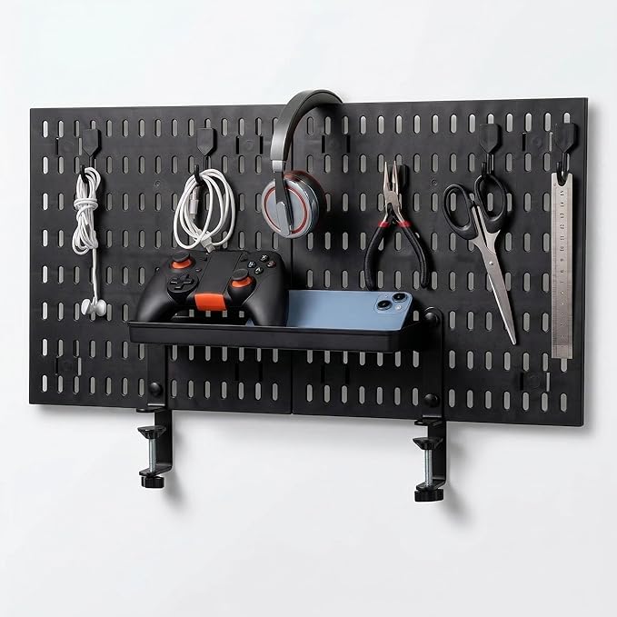 Gaming Desk Organizer Clamp-on Pegboard No Drill Storage | clamp-on desk pegboard organizer, no drill installation, 23x12 inch panel, hooks and tray, headphone controller by Elfzone