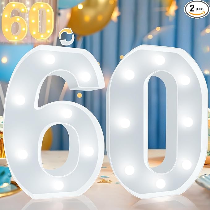 Pooqla 60th Birthday Decoration for Woman Man, Decorative LED Light Up Numbers, Marquee Numbers 60 Sign for Party Backdrop 60th Wedding Anniversary Decor, Warm White and Cool White Number 60 by Pooqla