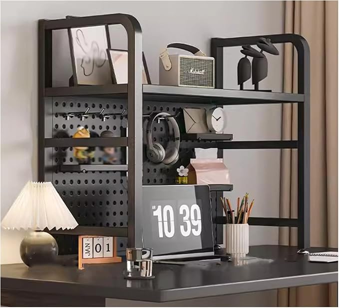 Peg Board, 2 Tier I Ndustrial Style Desktop Bookshelf， Pegboard Monitor Shelf, with 20 Hooks Modular Pegboard Shelf System for Home Office(Black,55x20x68cm) by XILYZMO
