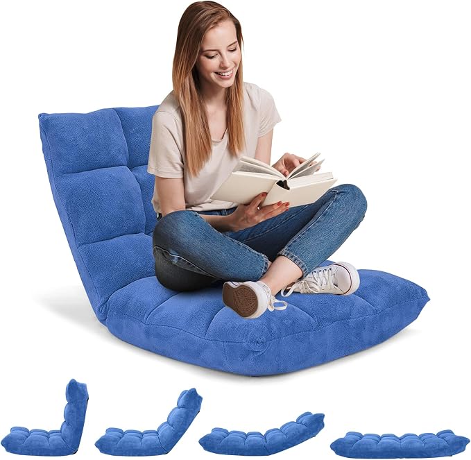 GIANTEX Floor Chairs for Adults, Floor Gaming Chair w/Back Support (Blue) | Coral Velvet, 14 Adjustable Position, Thick Sponge Padding, Floor Seating Lounge for Reading, Watching TV, Meditation by Giantex